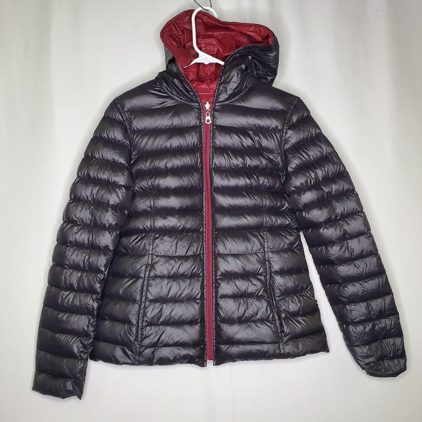 Nautica Reversible Packable Down Puffer Jacket Women Medium Hood Zip Red Black